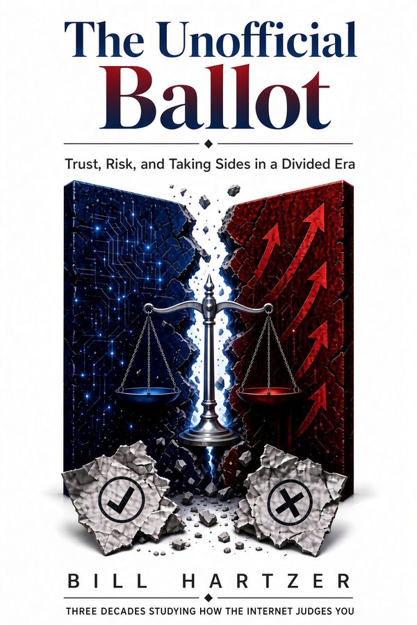 Cover of The Unofficial Ballot by Bill Hartzer: a wall split down the middle, blue circuitry on the left and red arrows on the right, cracked apart with a set of balance scales standing in the gap and two torn ballot fragments — one marked with a check, one with an X — on the ground below.